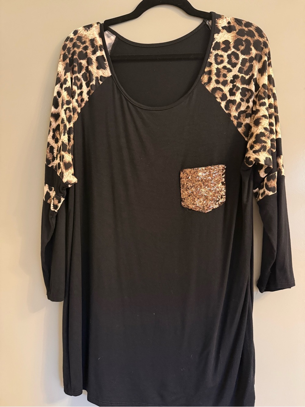 Black Long-Sleeve Tunic with Leopard Raglan Sleeves and Sequin Pocket